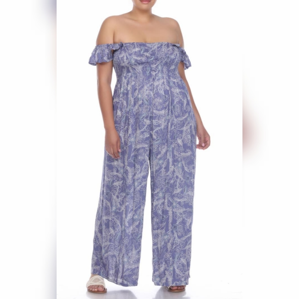 NWT Boho Me Smocked Ruffle Strap Wide Leg Flowy Resort Jumpsuit